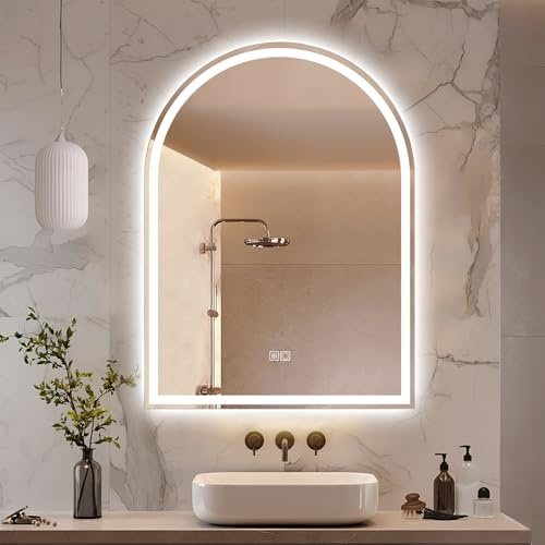 moderntop LED Bogen Badezimmerspiegel 80x60 cm, dimmbar, IP44 | 3 Farbtemperaturen · Touch-Sensor · Anti-Beschlag · Memory · rahmenlose Bogenform · IP44