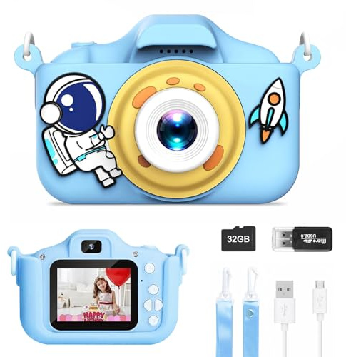 Oskuglin Kinderkamera 1080P HD, 2-Zoll Display mit 32GB Karte, Blau | Dualkamera, Stoßfest, Stoßschutzhülle und Spiele; einfache Bedienung für Kinder von 3 bis 10 Jahren