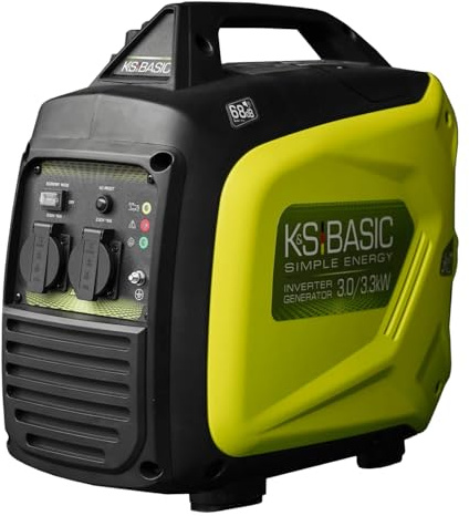 K&S BASIC 33i S Generador Electrico Gasolina 3000 W Generador Inverter Silencioso Portátil de Emergencia, bobinado 100% de cobre, 230V Ligero Salidas USB/AC/DC,68 dB para Camping Autocaravan Apagon