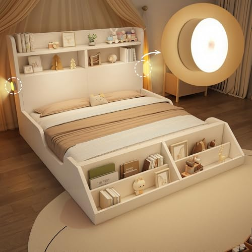ANIROY Holzbett Doppelbett 140x200cm, Jugendbett/Kinderbett mit Bücherregal & LED & Ablageflächen, Stauraumbett Bettgestell mit Lattenrost, ohne Matratze, Weiß