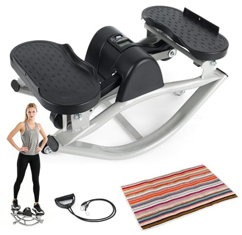 Mini Stepper für Zuhause, 2 in 1 Swing Stepper mit Zähler, Bändern & Matte | Swing Stepper mit Widerstandsbändern und 70×40 cm Antirutschmatte, leises Ganzkörpertraining für Beine, Hüfte, Arme und Rumpf