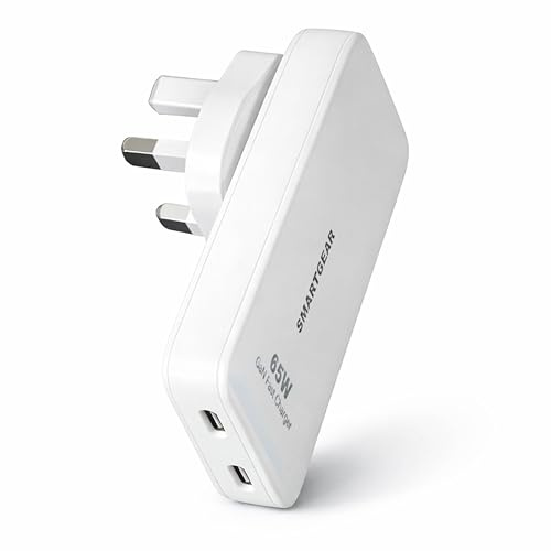 SMARTGEAR 65W USB C Charger, Ultra Thin GaN Dual Port Travel Charger with UK EU US Plug, Fast Charging Adapter for MacBook Pro Air, iPhone 17 16 15, iPad Pro, Samsung Galaxy