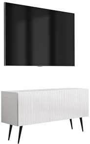 3E 3xE living.com TV-Schrank mit geriffelter Front, Mattweiß, Schwarze, schräge Beine, 100 × 32 × 52 cm