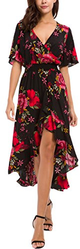 Kormei Womens Short Sleeve Floral High Low V-Neck Flowy Party Long Maxi Dress XL Black&Red