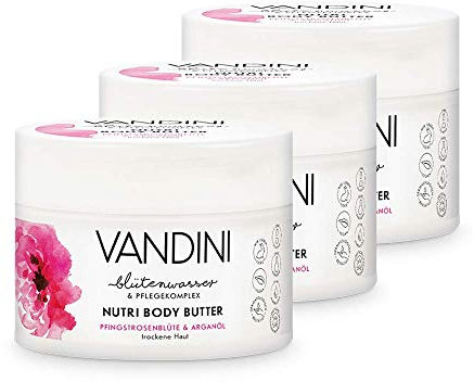 VANDINI Nutri Body Butter Damen mit Pfingstrosenblüte & Arganöl - Body Creme als Körpercreme & Gesichtscreme für trockene Haut - vegane Body Creme für Frauen im 3er Pack (3x 200 ml)