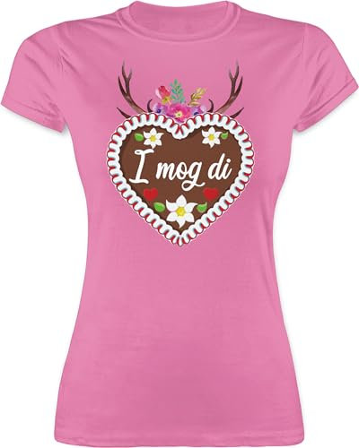 Shirt Damen - Kompatibel Oktoberfest - Lebkuchenherz I mog di mit Geweih und Blumen - S - Rosa - trachtenshirt Trachten t Shirts bayrische edelweiß Funshirts für Frauen oktoberfestbekleidung