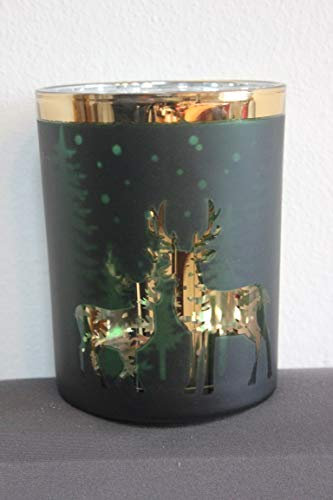 Goldbach Windlicht aus Glas mit Rentier (Bauernsilber) dunkelgrün/Silber, H 12,5 cm
