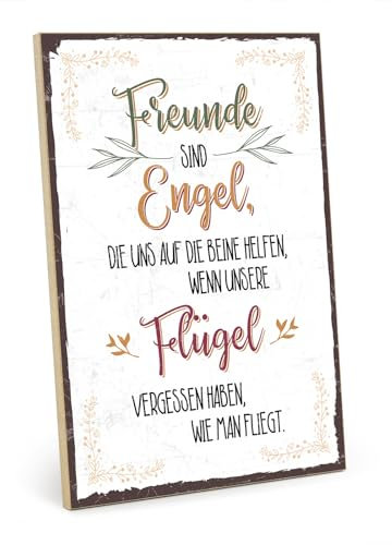 TypeStoff Holzschild mit Spruch – FREUNDE ENGEL FLÜGEL – im Vintage-Look mit Zitat als Geschenk und Dekoration - HS-00606