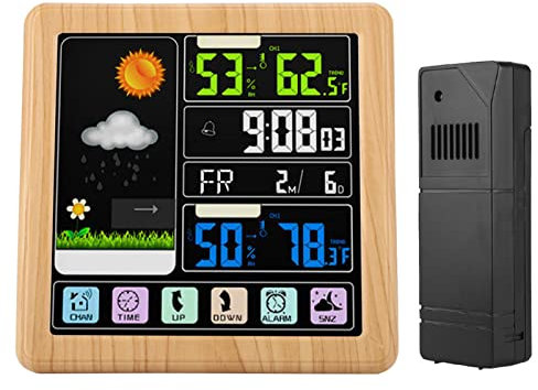 VBESTLIFE Station météo sans Fil, TS-3310 LCD Couleur écran Tactile Complet Thermomètre extérieur intérieur Hygromètre Station de prévisions météorologiques avec réveil (Bois)