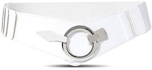 Damen Breiter Elastischer Taillengürtel, Mode Vintage Hüftgürtel mit Silberner Ring-Schließe, Weiß, S