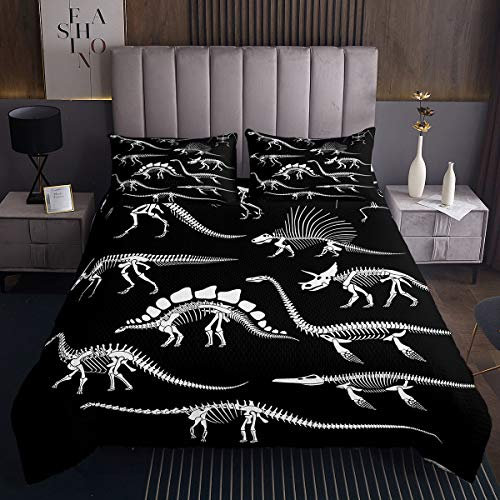Dinosaurier Fossil Drucken Tagesdecke 220x240cm für Mädchen Jungen Dschungel Tiere Bettüberwurf Tierwelt Stil Steppdecke Luxus Dino Retro Wohndecke