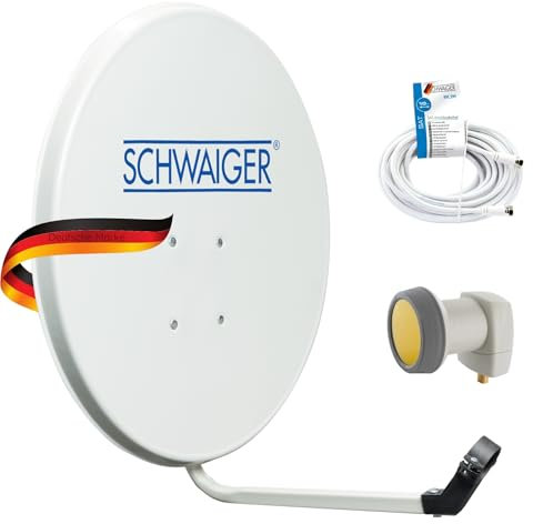 SCHWAIGER 9727 SAT-Anlage Satelliten-Set Satellitenschüssel Single-LNB Koaxialkabel 10m digital SAT-Antenne aus Aluminium Hellgrau 55 x 62cm