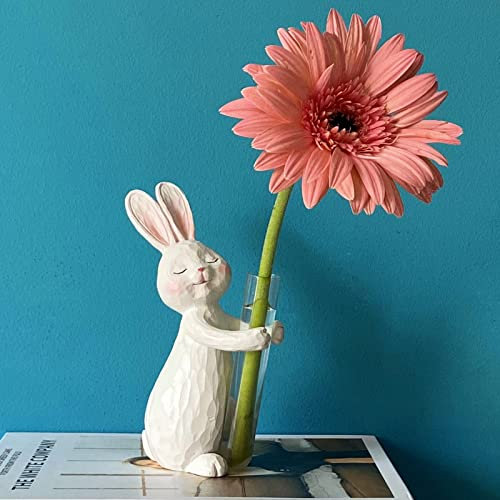 SUKIMOLY Kunstharz-Hasen-Dekor-Blumenvase, handbemalte Figur, Statue, innere Frieden, Häschen, Figuren, Geschenk für Blumen, Einweihungsfeier, Geburtstag, Osterhase, Geschenke 15 cm, perlweiß