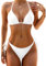 Holipick Zweiteiliges Triangel-Bikini-Set für Damen, String-Badeanzug, Neckholder-Top mit seitlicher Bindung, Bikinihose, Weiss/opulenter Garten, Medium