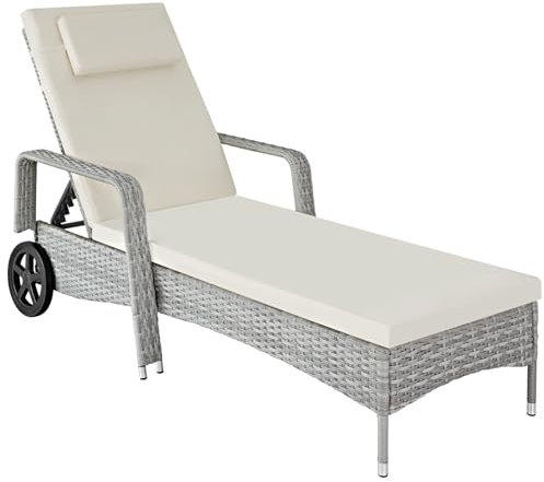 TecTake® Lettino prendisole Cassis in Alluminio e Rattan, Design Molto Elegante, con Ruote, Adatto per Uso Interno ed Esterno, Poggiatesta Lettino, da Giardino - Grigio Chiaro