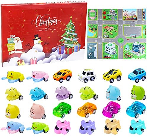 24 pezzi calendario dell'Avvento per bambini, giocattolo auto animale, calendario dell'Avvento, mini auto, calendario dell'Avvento, giocattolo auto con 1 carta di scena del traffico