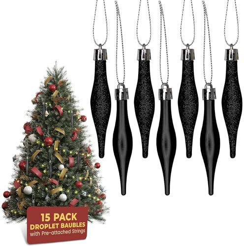 Festive Fix 15-Pack 8.5cm Matte Glitter Droplet Baubles in Black – Durable Shatterproof Christmas Tree Ornaments with Strings, Multipurpose Decorations for Trees, Wreaths, Garlands & Centrepieces