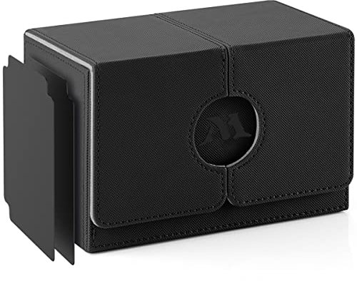 Pulchra Sammelkarten Box mit 2 Trennfächer für 110 Karten, Deck Box - Karten Halter für Spielkarten zum Sammeln und Tauschen (LOGO-M Design, Schwarz, XL)