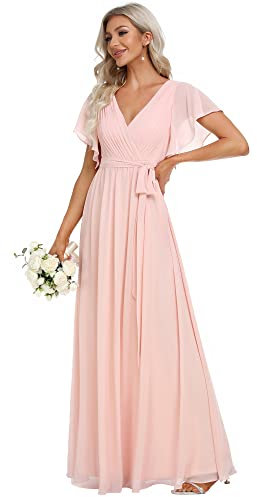 Ever-Pretty Robe de Bal Longue Femme Col V Mousseline A Line Manches Courtes Plissé Chic Rose Clair 42