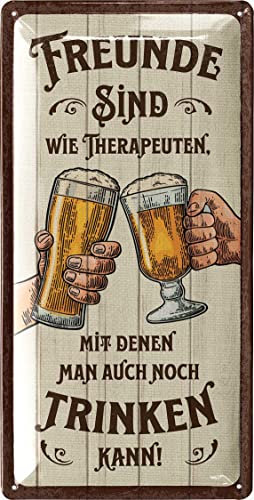 LANOLU Retro Blechschild Bier BESTE FREUNDE SIND WIE THERAPEUTEN - lustige Schilder mit Sprüchen, Bar Dekoration für Partykeller, Kneipen Bardeko - Geschenkidee Papa zum Vatertag 16x32cm
