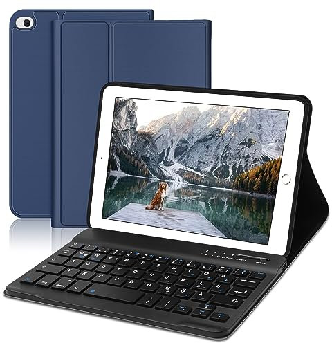 AVNICUD Tastatur Hülle für iPad Mini 5/4/3/2/1, Weiche TPU-Rückseite Case, Magnetisch Abnehmbarer Bluetooth Keyboard mit QWERTZ Layout, Dunkelblau