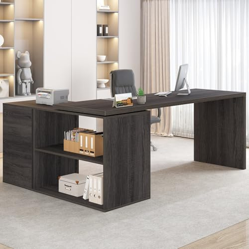 HSH L Shaped Computer Desk Corner Home Office Desk with Drawers 150cm Grey | L Shaped Computer Desk with 3 Drawers and 2 Shelves, Reversible Office Corner Desk for Writing Study Work Executive