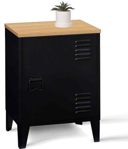 IDMarket - Table de Chevet Ester 1 Porte métal Noir Plateau façon hêtre Design Industriel