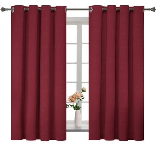 YSTELLAA Rideau 100% Occultant Lot De 2, 140×145cm, Effet Lin, Rideau Thermique Isolant Anti Froid Et Chaleur, Rideaux Anti Bruit, avec Oeillet, pour Salon Et Chambre, Rouge