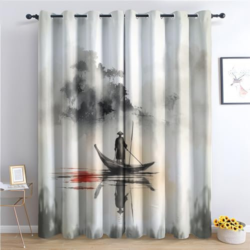 Rideau Occultant Paysage Japonais - Isolant Thermique pour Salon et Chambre - Opaque à Œillets - Lot de 2 Draperies Intérieur 140x180cm LxH