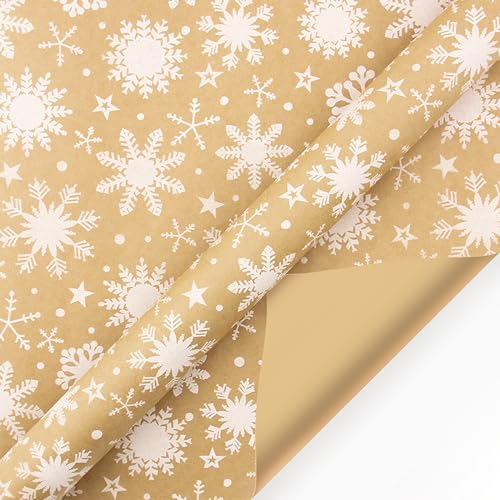 Papier Cadeau Noel 44cm x 15m - Rouleau de Papier d'Emballage Kraft Recyclé Biodégradable pour Noël, Anniversaire, Cadeaux, Artisanat - 80 g/m² (Flocon de Neige)