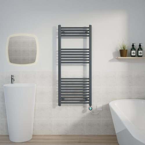 Warmehaus Prefilled 1200x500mm Straight Electric Heated Towel Rail with Timer Thermostatic Bathroom Radiator Anthracite - 600W(Chrome Heating Element)