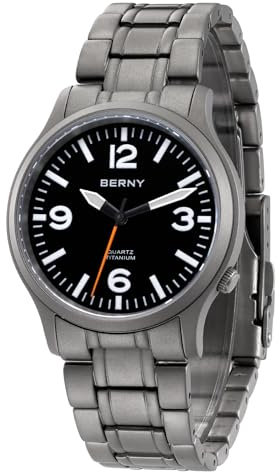 BERNY Titanuhr für Männer Japanischer Sekundenzeiger Quarzuhrwerk VH31 5ATM wasserdichte analoge Quarzuhr mit leuchtendem Saphirglas