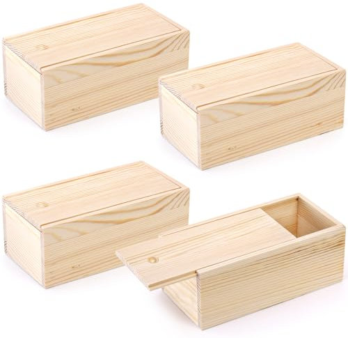 yarlung 4 Pack Unfinished Wood Storage Box with Slide Lid, Vintage Keepsake Case Cards Container Small Gift Box for Art Hobbies, DIY Craft, Desktop Bead Organizer, Jewelry Storage