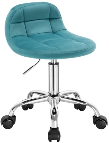 WOLTU Bürohocker mit Rollen, Schminktisch Stuhl höhenverstellbar, Rollhocker mit niedriger Rückenlehne, Arbeitshocker für Büro Salon Massage Spa, Samt, Türkis