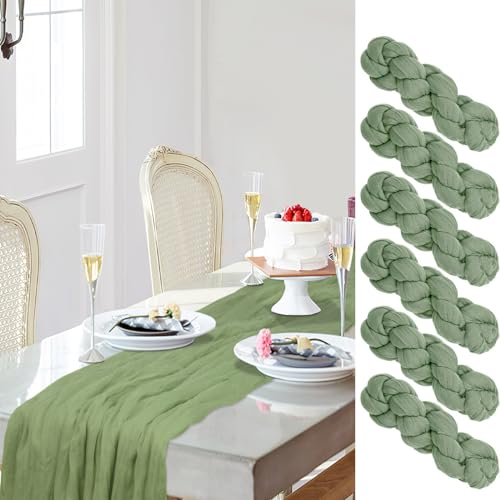 Aolawco 6 Stück Tischläufer Grün, Eukalyptus 90×300cm, Salbeigrün, Gaze Rustikal, Käsetuch für Hochzeitsdeko, Geburtstag, Babyparty Dekoration