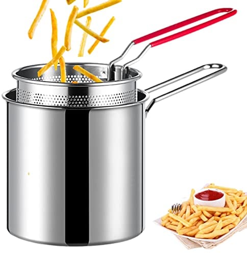 Komsoup Stainless Steel Frying Pan with Strainer Basket, 5 kg Capacity, Uncoated, Fryer Pot for French Fries, Chicken Wings, Shrimp, Chips, Chicken Chops