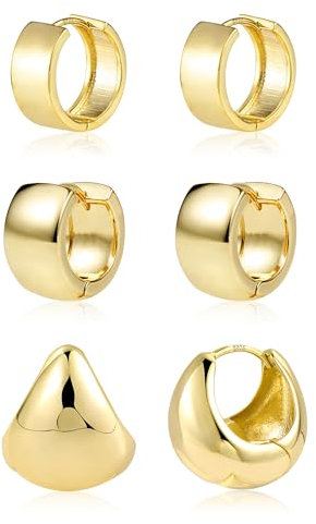 ALEXCRAFT Gold Hoop Earrings for Women, 14K Goldplated Small Chunky Hoop Earrings Set, 3 Pai rs 925 Sterling Silver Gold Cartilage Huggie Hoop Earrings Small Wide Flat Chunky Hoop Earrings for Women