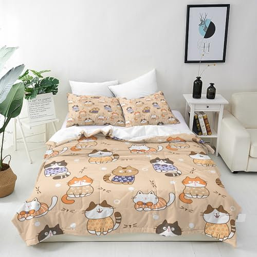 ANHOPE Nette Cartoon Tier Katze Bettwäsche Set Weich Microfaser Bettbezüge mit Reißverschluss 3 Teilig Bettbezug 200x220 cm & 2 Kissenbezug 80x80 cm Bettdeckenbezug Set für Kinder Jungen Mädchen