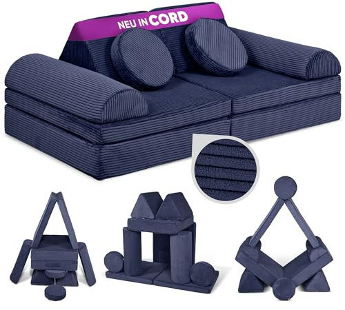 Linodino® Spielsofa Cord Fantasiewelt, Kindersofa-Bausteine - Kreative Stapelsteine für Kinder - Kindercouch, Sofa-Kuschelecke im Kinderzimmer | Schaumstoff-Softbausteine [Weltraumblau]