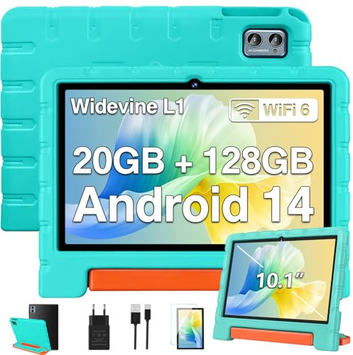 ZIOVO Kinder Tablet 10 Zoll Android 14 mit 20 GB RAM+128GB ROM(TF 1TB), WiFi 6, Octa-Core, Widevine L1, Kindersicherung, 6000mAh, BT 5.0, GMS Certified Kids Tablet mit Eva Case - Grün