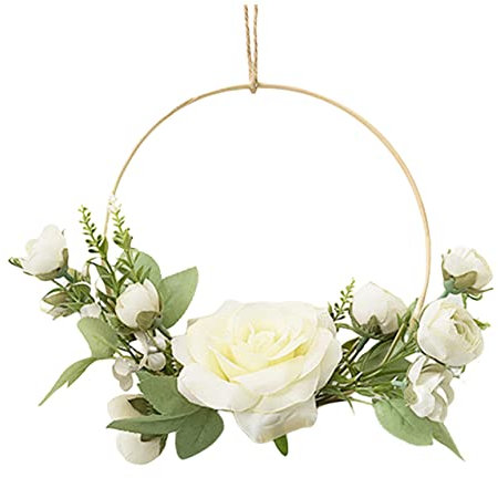 Floral Hoop Wreath 7.5 Inch Artificial Flower Wreath Round Wooden Frame Garland for Door Wedding Party Home Decor White Rose Summer Home Use