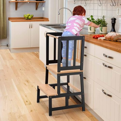 COSYLAND Toddlers Standing Tower for Kitchen Counter - Bamboo Nursery Step Stool for Kids - Learning Stool Kitchen Steps for Kids (Black&Natural)