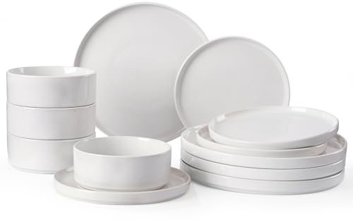 Richmount Dinner Set for 4, 12 Pieces Stoneware Plates and Bowls Sets Dinnerware Sets Chip and Scratch Resistant Modern Speckled Ceramic Dish Set Service for 4, Series Nebula, White