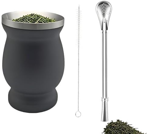 LJYING Stainless Steel Yerba Mate Cup 8oz - Double-Wall Gourd Design with Straw Spoon & Cleaning Brush, Yerba Mate Set for Mate Tea and Coffee (Black)