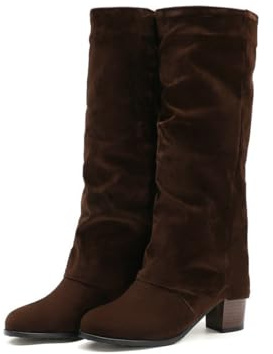 HQINGAXU Donna Stivali Invernali Punta Rotonda Alti Ginocchio Camoscio Morbido Traspirante Tacco Chunky Block Stivali Lunghi Moda Biker Colore Solido Basso Scarpe Alta Polpaccio,Marrone,37 EU