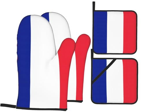 Juego de 4 guantes de horno de Navidad con diseño de bandera francesa con soportes para ollas, resistentes al calor, guantes de horno de regalo para la familia