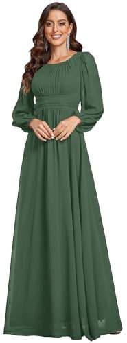 Ever-Pretty Women's Dresses Maxi Evening Round Neck A-Line Long Sleeve Bridesmaid Long Dress Eucalyptus 10UK