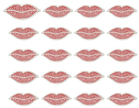 PATIKIL Lippen Strass-Patches, 20 Stück Lippenform Aufnäh-/Aufbügel-Applikations-Patches Strass-Applikation Glitzer Kristall für Schuhe Kleidung Hosen Taschen, Rot
