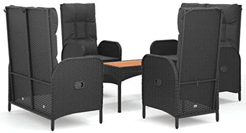 Willood 5 TLG. Garten Essgruppe mit Kissen Schwarz Gartenmöbel Set mit Kissen Sitzgruppe für Garten Terrasse Poly Rattan 2X Bank + 2X Stuhl + Tisch 1 Stück
