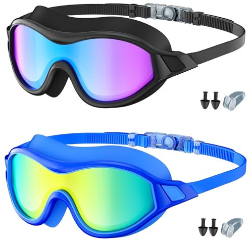Occhialini da nuoto, confezione da 2 occhialini da nuoto ad ampia vista, anti appannamento, protezione UV, nessuna perdita, visione chiara, per adulti, donne, uomini, giovani (nero + blu)